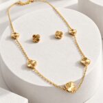 Gold Clover Station Necklace & Stud Earrings Set