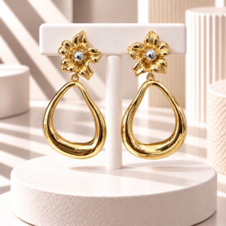Gold Flower Post & Open Teardrop Drop Earrings